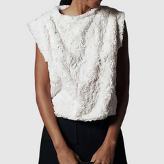 Cap sleeve fluffy crewneck button top