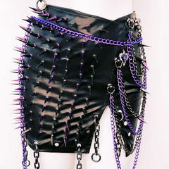 Slit o ring rivet applique PU leather mini skirt set