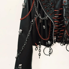 Long sleeve zip-up PU leather metal chain o ring top