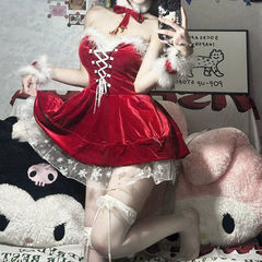 Fluffy lace up velvet backless tube mini dress