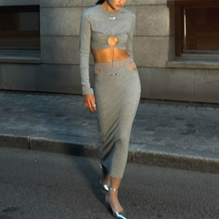 Long sleeve crewneck metal tag maxi skirt set