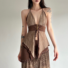 Hollow out v neck halter self tie ruffle cut out top