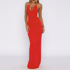Halter self tie solid ruched v neck maxi dress