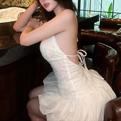 Halter self tie lace backless mini dress