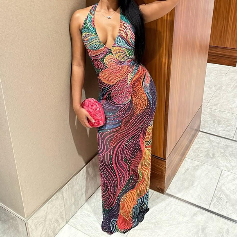 Halter v neck print contrast backless maxi dress