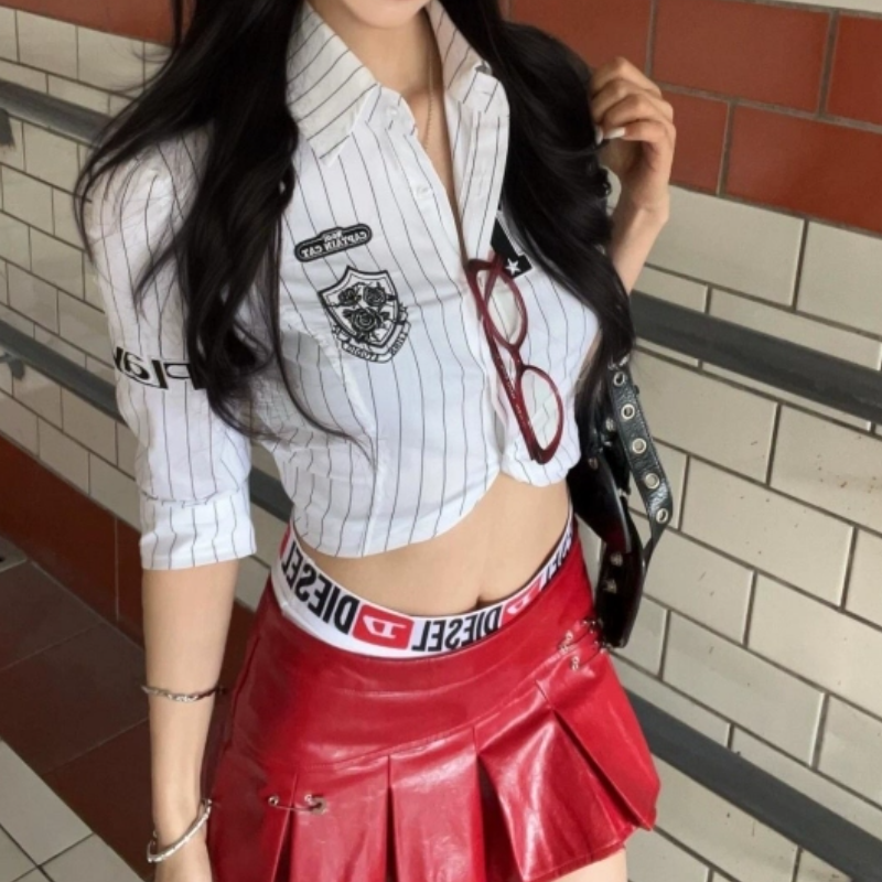 Striped print turnover collar PU leather pleated mini skirt set