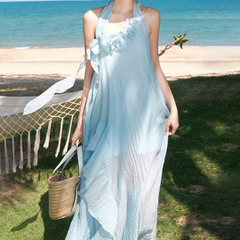 Halter flower applique textured irregular maxi dress