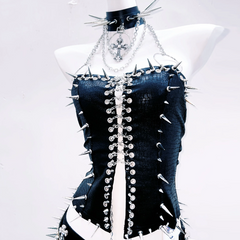 Halter PU leather rivet leopard print top