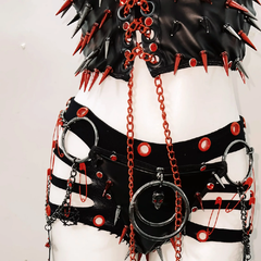 Halter net rivet o ring metal chain 3 piece short pant set