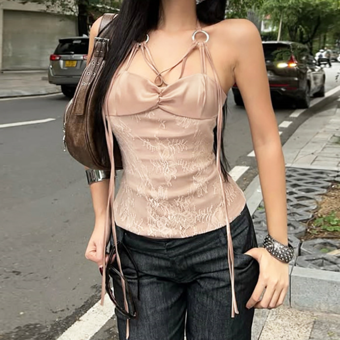 Halter o ring backless hollow out cut out top