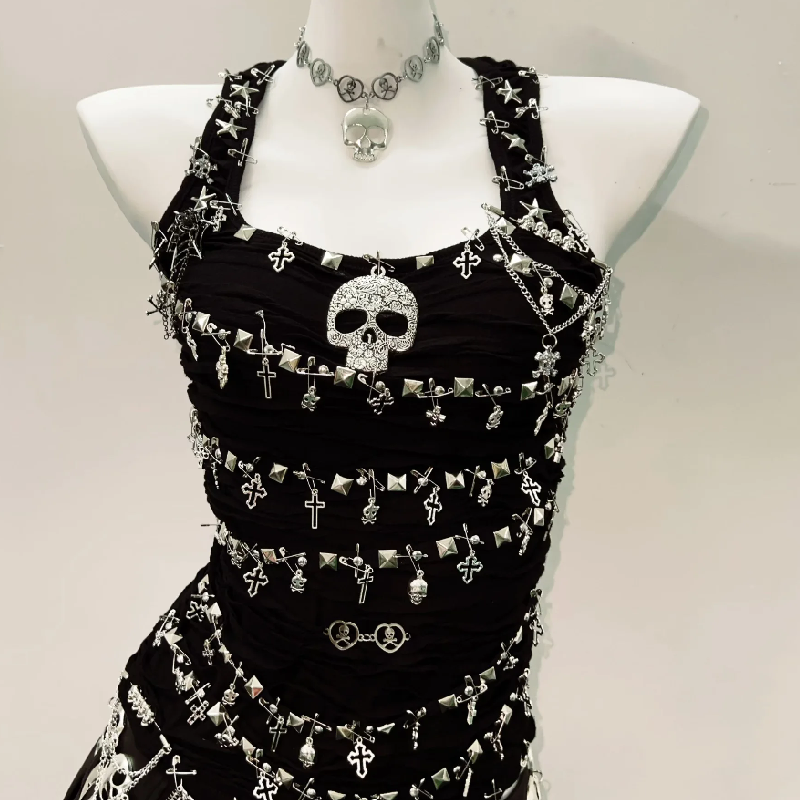 Skull applique PU leather tank top