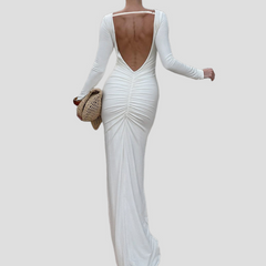 Backless long sleeve ruched maxi dress