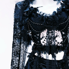 Hollow out long sleeve flower applique lace cut out maxi dress