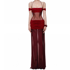 Ruched square neck slit halter cami maxi dress