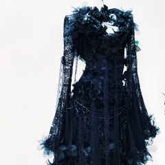 Long flared sleeve flower applique lace maxi dress