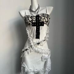 Leopard print cross pattern ruffle cami mini dress