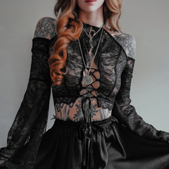 Long flared sleeve lace hollow out lace up cut out top