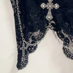 Lace metal chain cross applique v neck cami top