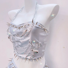 Metal chain halter rivet applique metallic mini skirt set