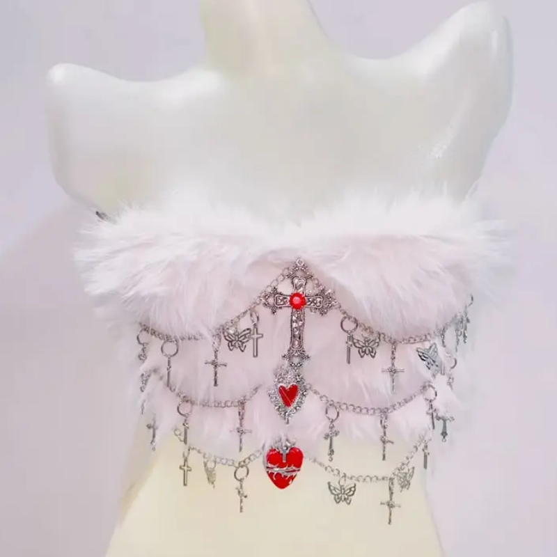 Fluffy metal chain cross applique tube top