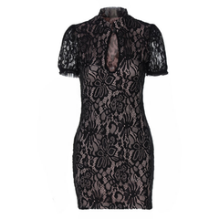 Short sleeve hollow out lace high neck cut out mini dress