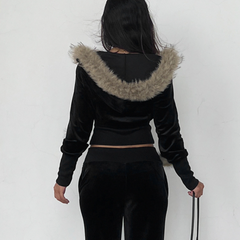 Hoodie fluffy long sleeve zip-up v neck top