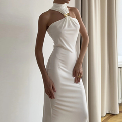 Ruched high neck solid maxi dress