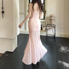 Mesh ruffle beaded ruched cami maxi dress