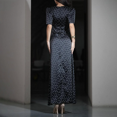 Polka dot short sleeve v neck lace hem maxi dress