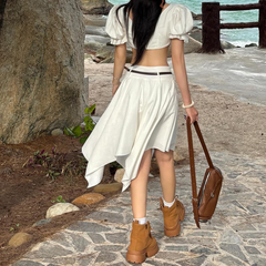 Puff sleeve v neck plaid ruched crop top