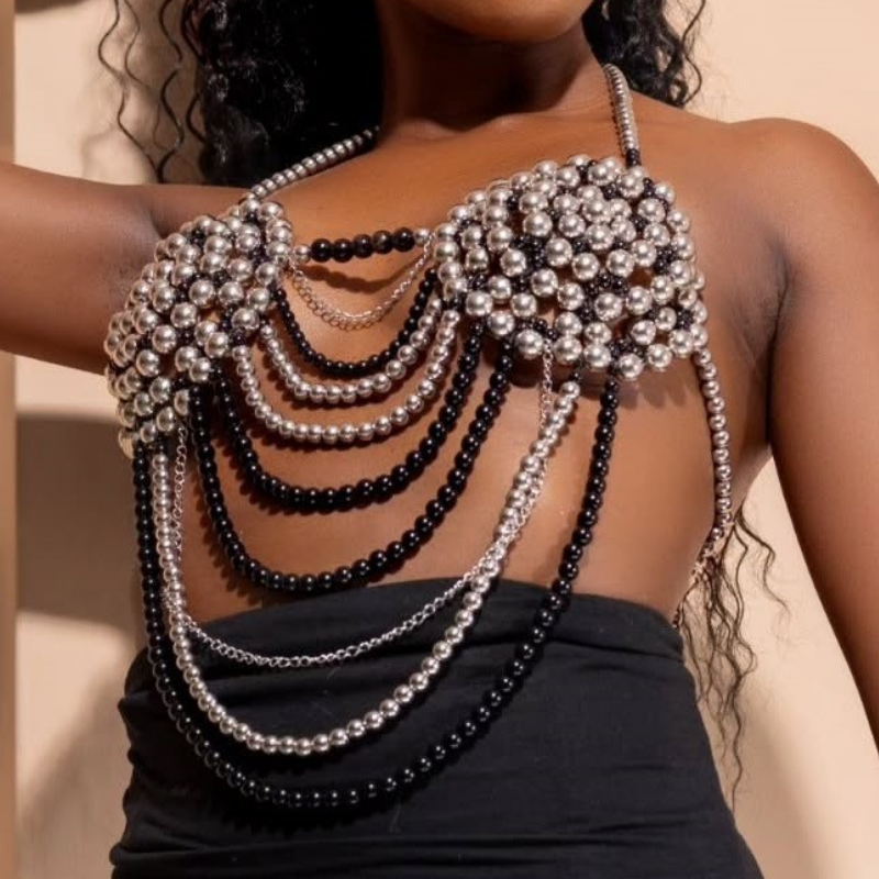 Beaded halter metal chain backless top