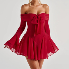 Off shoulder long flared mesh bowknot mini dress