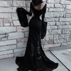 Long flared sleeve hollow out slit v neck cut out maxi dress