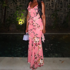 V neck flower print ruffle cami maxi dress
