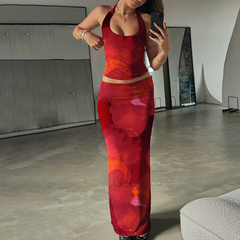 Halter self tie u neck flower print maxi skirt set