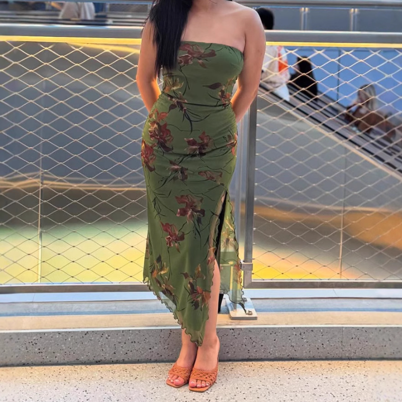 Slit ruffle flower print tube midi dress