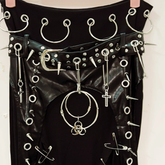 Rivet high slit o ring PU leather patchwork maxi skirt