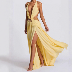 Beaded deep v neck slit cross back self tie maxi dress