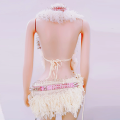 Fluffy rivet halter skull applique self tie mini skirt set