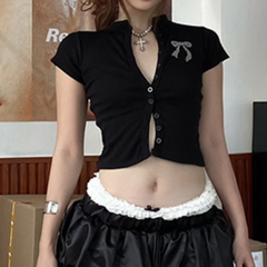 Short sleeve button bowknot pattern top