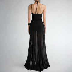Ruffle halter self tie ruched slit cami maxi dress