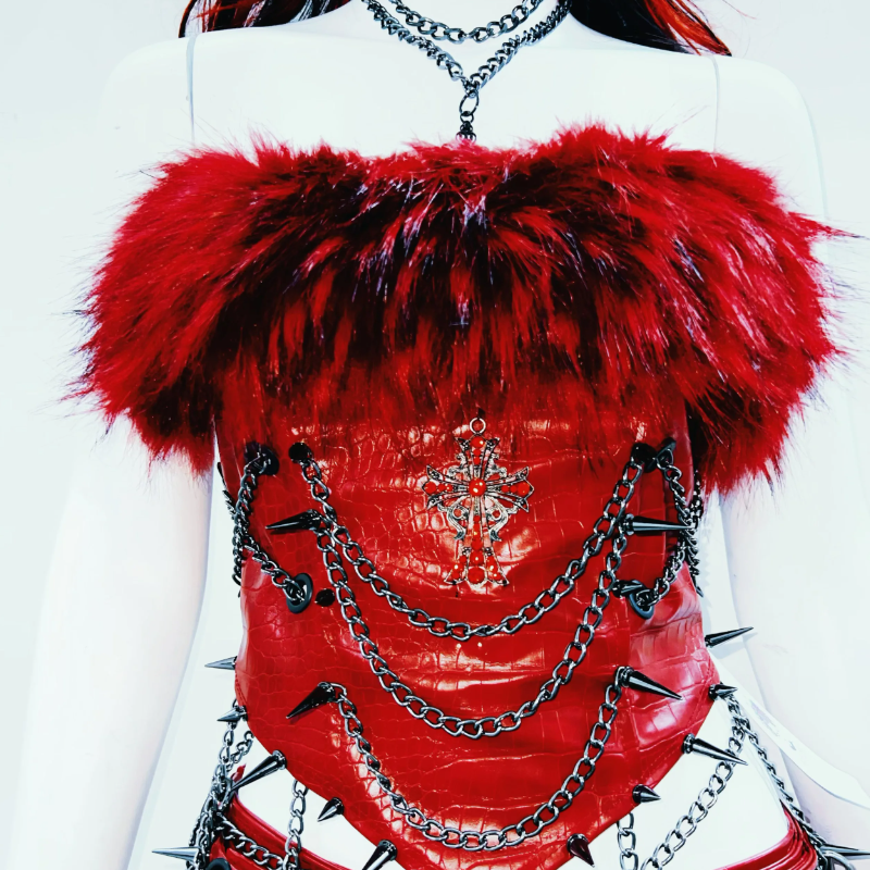 Fluffy metal chain rivet PU leather top
