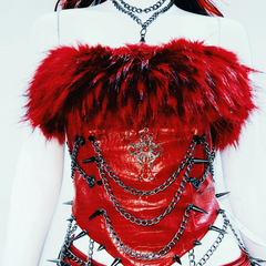 Fluffy metal chain rivet PU leather top