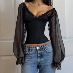 Long sleeve v neck low cut mesh solid top