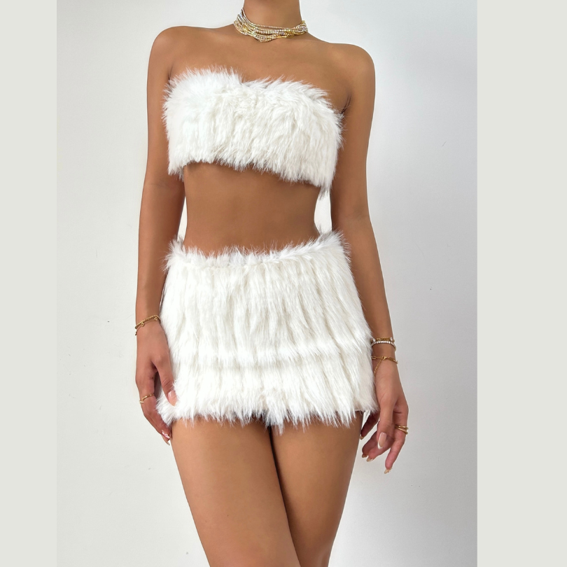 Fluffy backless tube mini skirt set