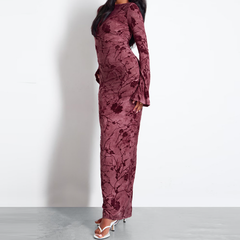 Long sleeve backless self tie slit maxi dress