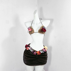 Halter self tie flower applique fluffy backless top