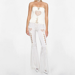 Lace up lace patchwork low rise tube pant set