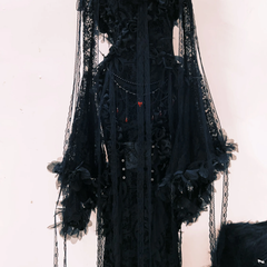 Long sleeve flower applique lace hem shrug maxi dress
