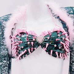 Long sleeve fluffy rivet applique metal chain pant set